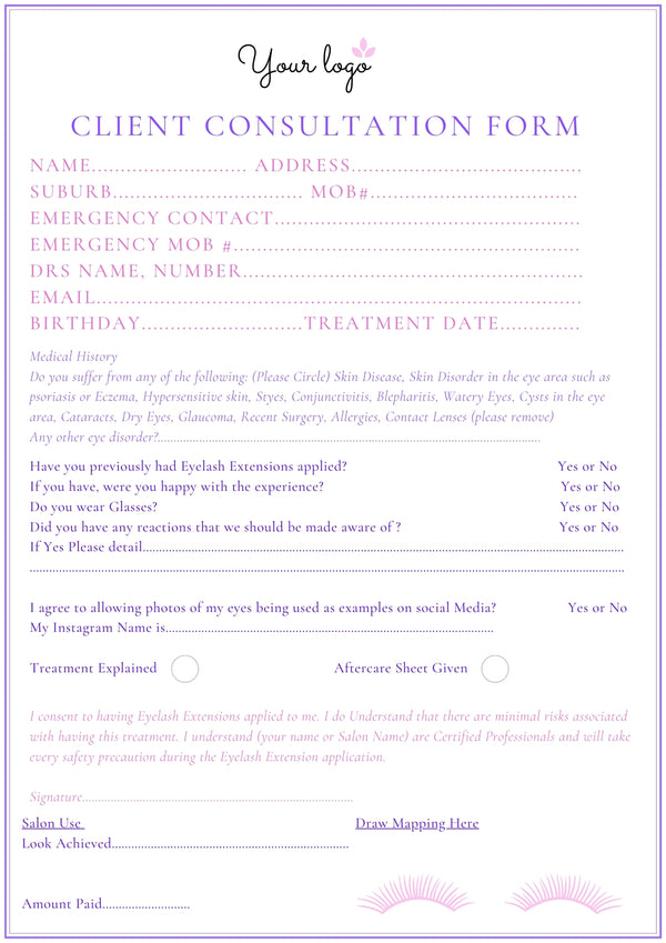 Client Consultation Form & Aftercare. Pastel