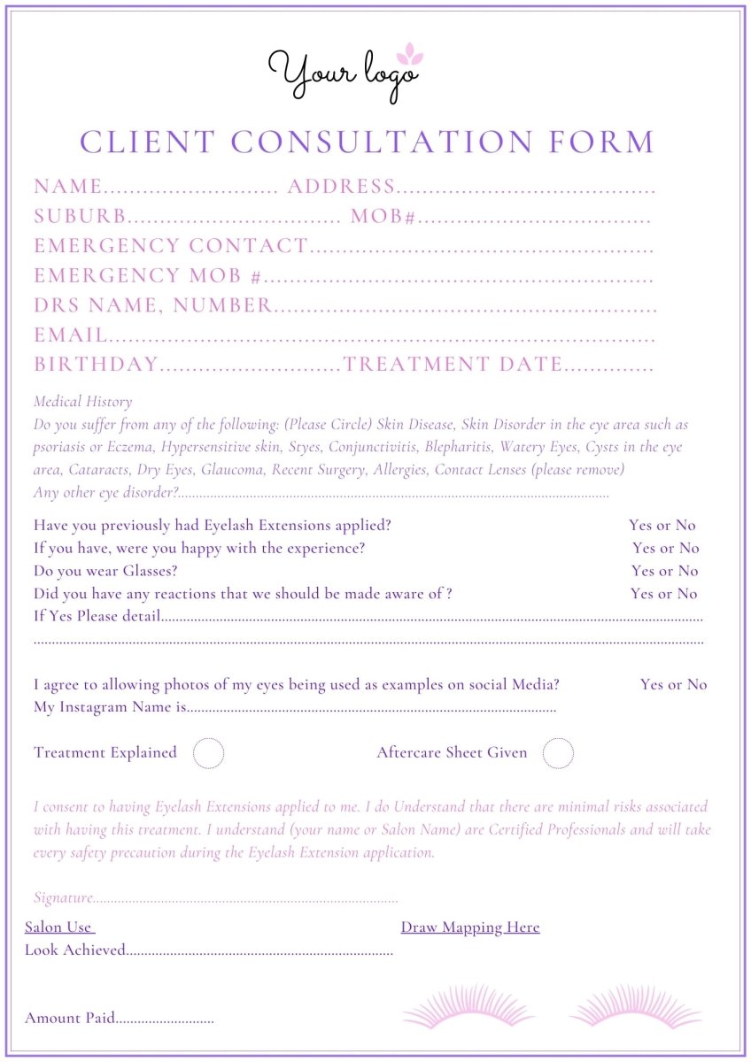 Client Consultation Form & Aftercare. Pastel - Exotique Lashes