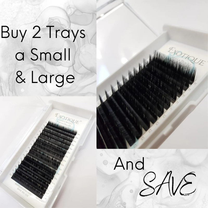 0.07 Faux Silk L Curl Mixed Lash trays. Small Sizes 7-10mm and Larger Size 11- 14mm Trays.